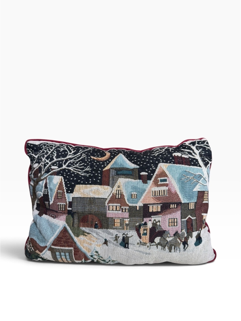 Winter Village Tapestry Pillow Snow Horse Carriage Storybook Christmas